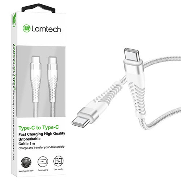 Кабел за данни и зареждане Lamtech, Type-C към Type-C, нечуплив, 1м, бял