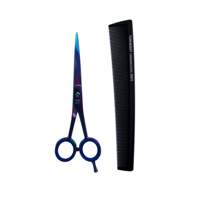 Pachet Foarfeca profesionala tuns degrade 205D, 6.5" si Piaptan carbon antistatic pentru stayling, Metal Needs®