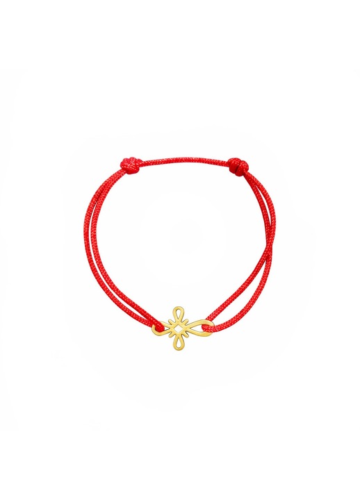 Bratara bebe din aur 14k cu charm cruciulita, reglabila din snur rosu de matase lucrate 100% manual