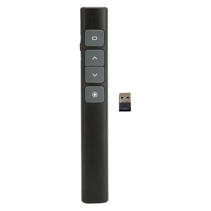 Pointer Wireless 2.4Ghz pentru prezentari, baterie reincarcabila prin USB, raza de actiune 100m, 134x20x14.2mm, 45 de zile autonomie, 4 butoane de control, compatibilitate ridicata, Negru