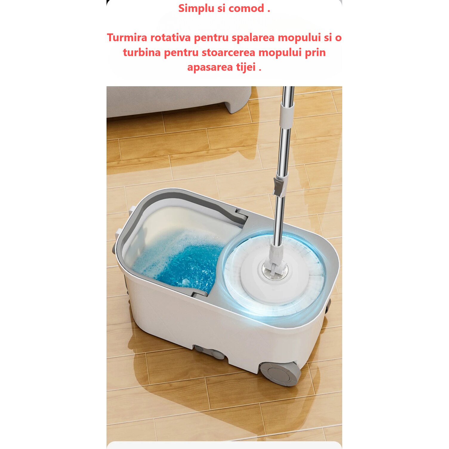 Set Galeata Mop Rotativ cu Doua rezerve, cu Stoarcere Inox si Scurgere ...