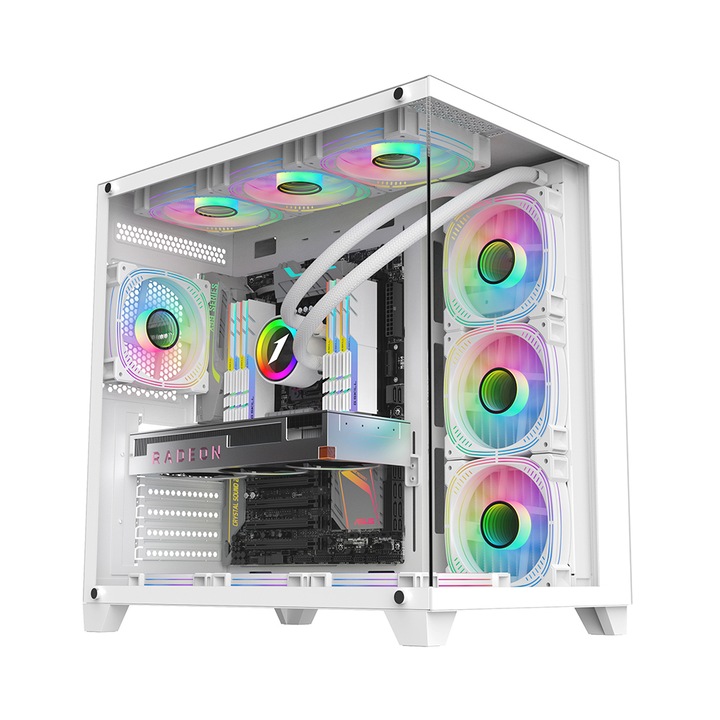 Кутия 1stPLAYER® Gaming MV8-TP, ARGB, Cube-Tower, ATX\M-ATX\ITX, без захранване, бял цвят