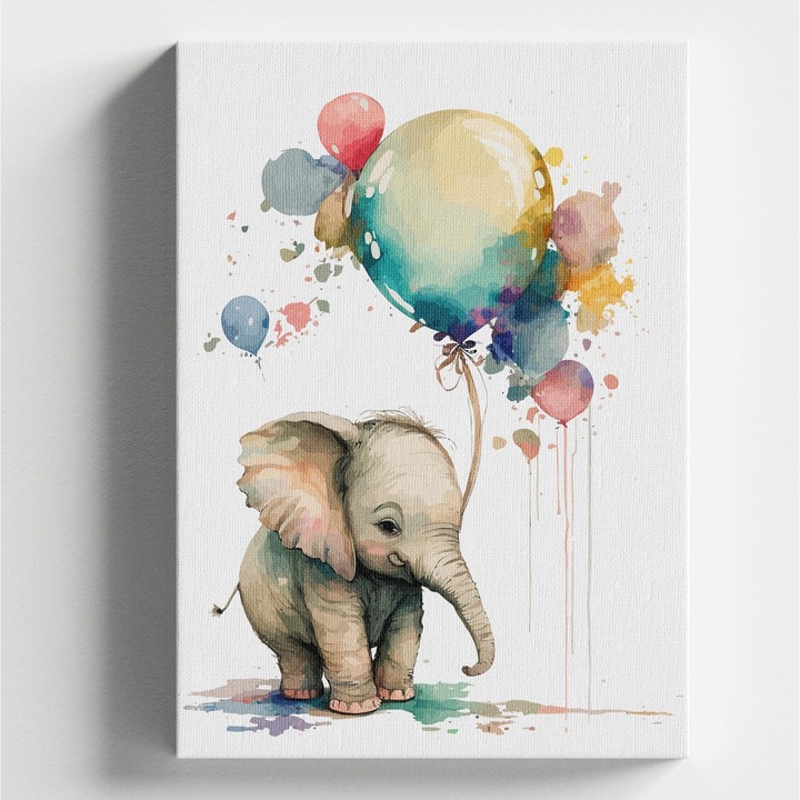 Tablou canvas, camera copii, desen acuarele pui de elefant, multicolor, print digital pe panza canvas PVC, 340g/mp, 30x40cm