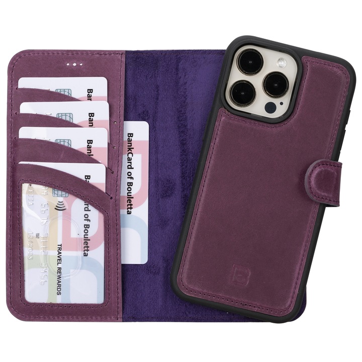 Husa pentru iPhone 15 Pro, Bouletta Magic Wallet, compatibil MagSafe, piele naturala, 2 in 1 tip portofel si back cover, culoare Mov Purple