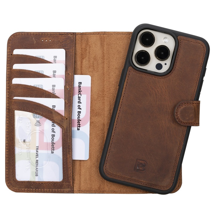 Husa pentru iPhone 15 Pro, Bouletta Magic Wallet, compatibil MagSafe, piele naturala, 2 in 1 tip portofel si back cover, culoare Antique Brown