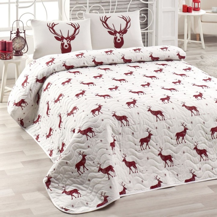 Set cuvertura matlasata, 1 persoana, 160 x 220 cm si o fata de perna, 2 piese, Enlora Home, Geyik Claret Red