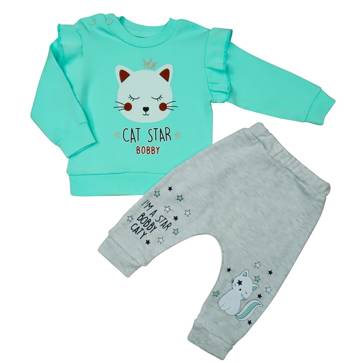 Compleu 2 Piese, Pentru Bebelusi Fetite, "Cat Star" Bluza Cu Maneca Lunga Si Pantaloni Lungi, Bumbac, Verde menta