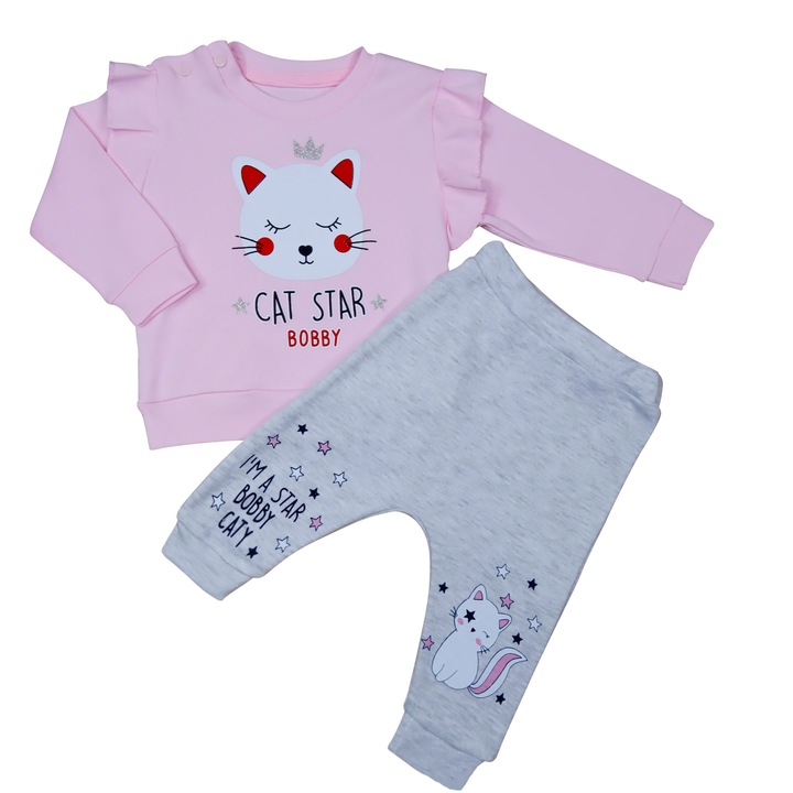 Compleu 2 Piese, Pentru Bebelusi Fetite, "Cat Star" Bluza Cu Maneca Lunga Si Pantaloni Lungi, Bumbac, Roz