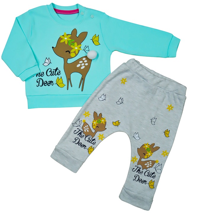 Compleu 2 Piese, Pentru Bebelusi Fetite, "Cute Deer" Bluza Cu Maneca Lunga Si Pantaloni Lungi, Bumbac, Verde menta