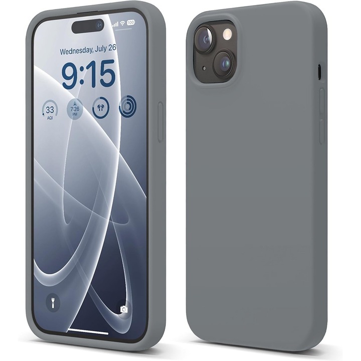 Husa CASEY STUDIOS™ pentru Apple iPhone 15 Plus, Soft Silicone Premium, Microfibra in Interior, Dark Grey, de Protectie, Ultra Slim, pentru Incarcare Wireless, Margini Ridicate pentru Protectia Ecranului si a Camerelor