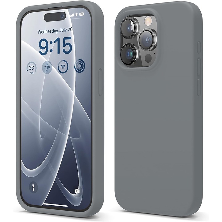 Husa CASEY STUDIOS™ pentru Apple iPhone 15 Pro, Soft Silicone Premium, Microfibra in Interior, Dark Grey, de Protectie, Ultra Slim, pentru Incarcare Wireless, Margini Ridicate pentru Protectia Ecranului si a Camerelor