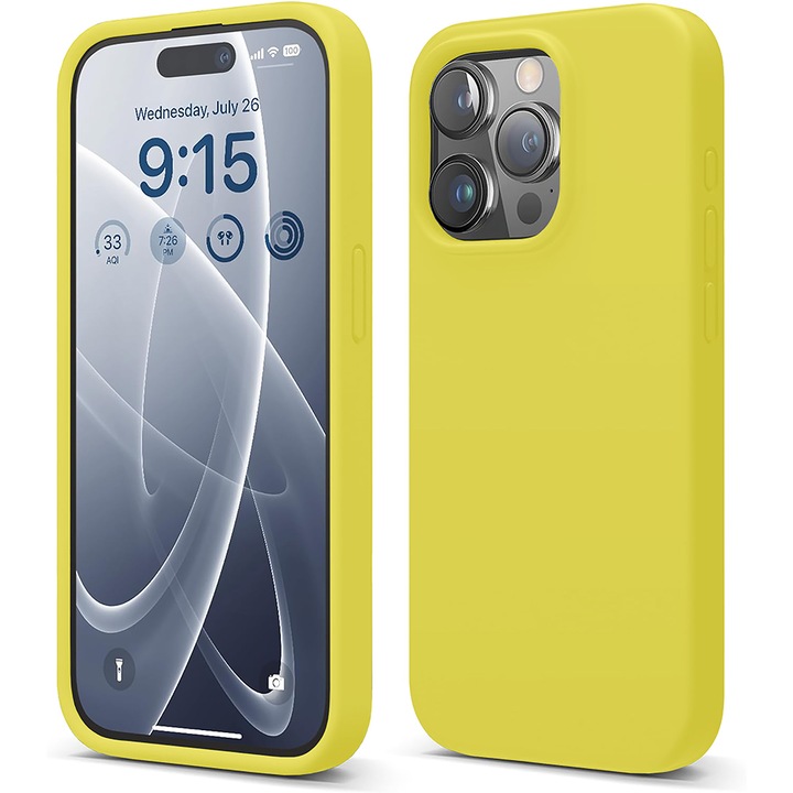 Калъф CASEY STUDIOS™ за iPhone 15 Pro, първокласен мек силикон, микрофибър отвътре, защита, ултра тънък, за безжично зареждане, повдигнати ръбове за защита на екрана и камерата, жълт