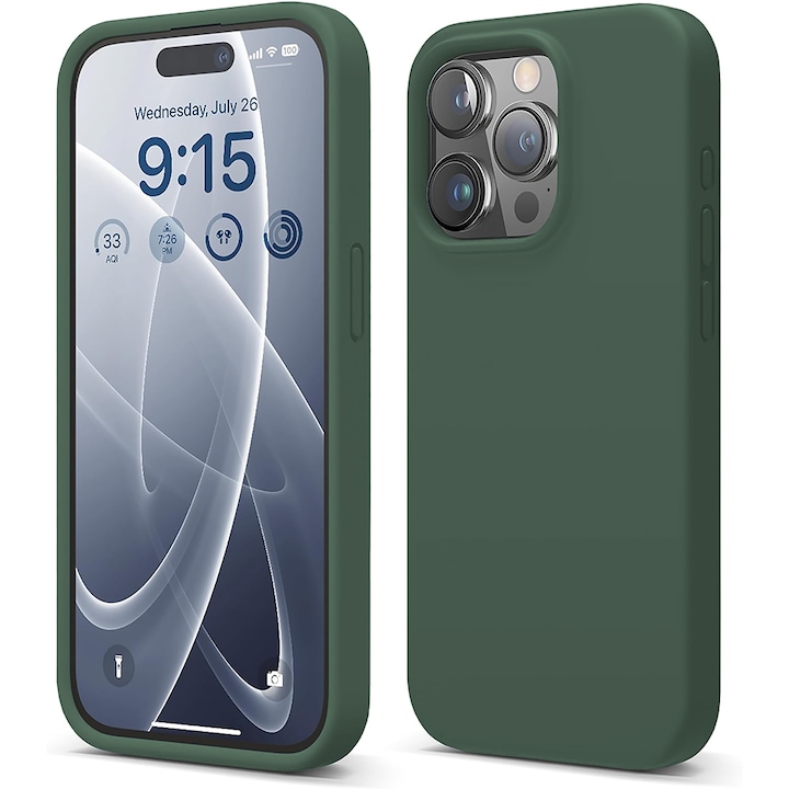 CASEY STUDIOS™ tok iPhone 15 Pro készülékhez, prémium puha szilikon, mikroszálas belső, védelem, ultravékony, vezeték nélküli töltéshez, megemelt élek a képernyő és a kamera védelméhez, erdőzöld