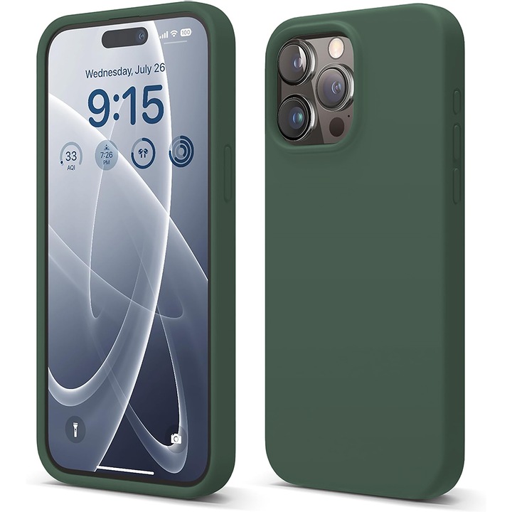 Husa CASEY STUDIOS™ pentru Apple iPhone 15 Pro, Soft Silicone Premium, Microfibra in Interior, Webster Green, de Protectie, Ultra Slim, pentru Incarcare Wireless, Margini Ridicate pentru Protectia Ecranului si a Camerelor