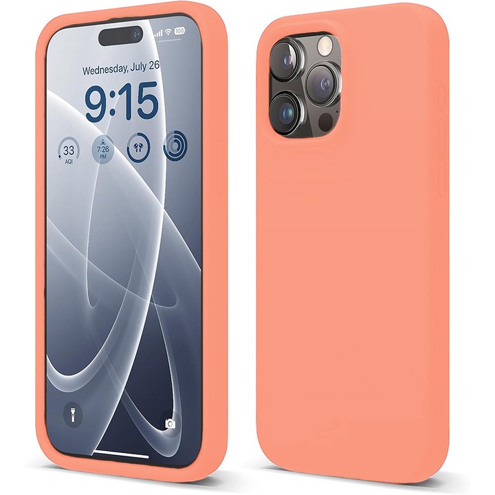 Husa CASEY STUDIOS™ pentru Apple iPhone 15 Pro, Soft Silicone Premium, Microfibra in Interior, Nectarine, de Protectie, Ultra Slim, pentru Incarcare Wireless, Margini Ridicate pentru Protectia Ecranului si a Camerelor