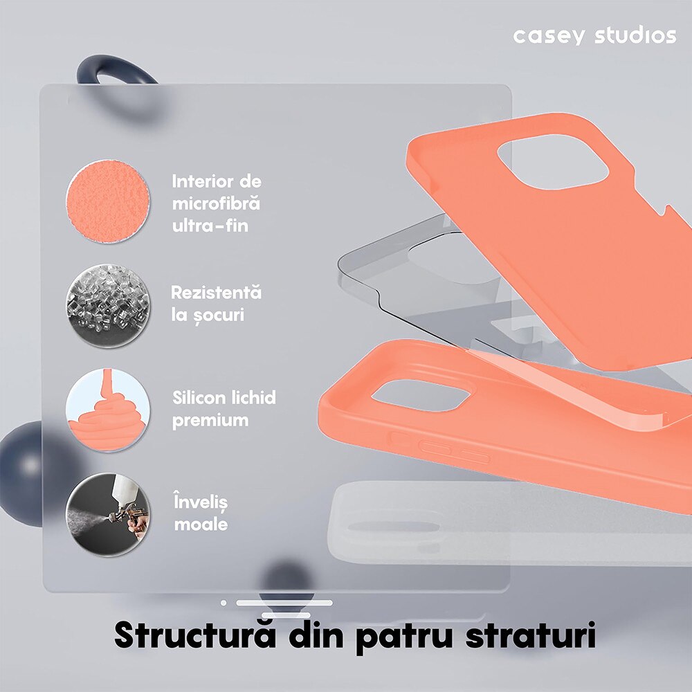 Husa CASEY STUDIOS™ pentru Apple iPhone 15 Pro, Soft Silicone Premium, Microfibra in Interior, Nectarine, de Protectie, Ultra Slim, pentru Incarcare Wireless, Margini Ridicate pentru Protectia Ecranului si a Camerelor