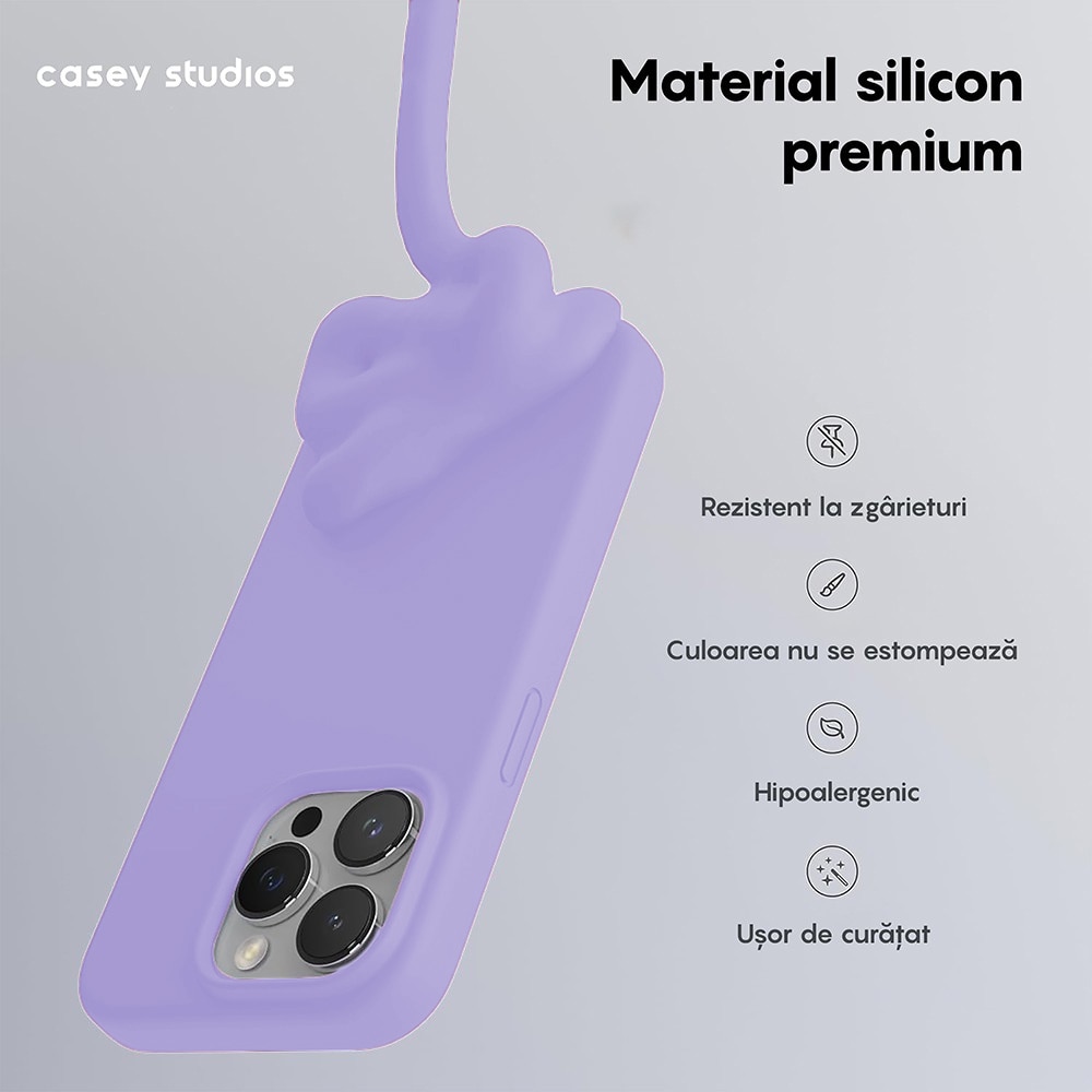 Husa CASEY STUDIOS™ pentru Apple iPhone 15 Pro Max, Soft Silicone Premium, Microfibra in Interior, Light Lilac, de Protectie, Ultra Slim, pentru Incarcare Wireless, Margini Ridicate pentru Protectia Ecranului si a Camerelor