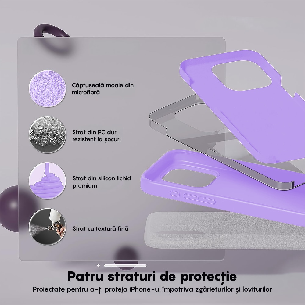 Husa CASEY STUDIOS™ compatibila cu iPhone 15 Pro, Soft Silicone Premium, Microfibra in Interior, Light Lilac, de Protectie, Ultra Slim, pentru Incarcare Wireless, Margini Ridicate de Protectia Ecranului si a Camerelor