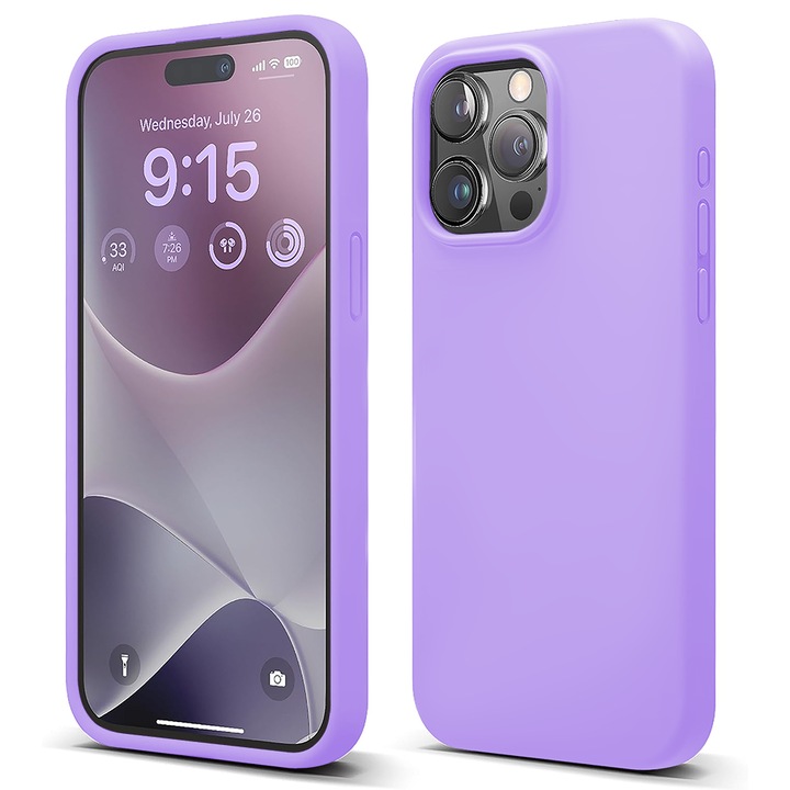 Husa CASEY STUDIOS™ compatibila cu iPhone 15 Pro, Soft Silicone Premium, Microfibra in Interior, Light Lilac, de Protectie, Ultra Slim, pentru Incarcare Wireless, Margini Ridicate de Protectia Ecranului si a Camerelor