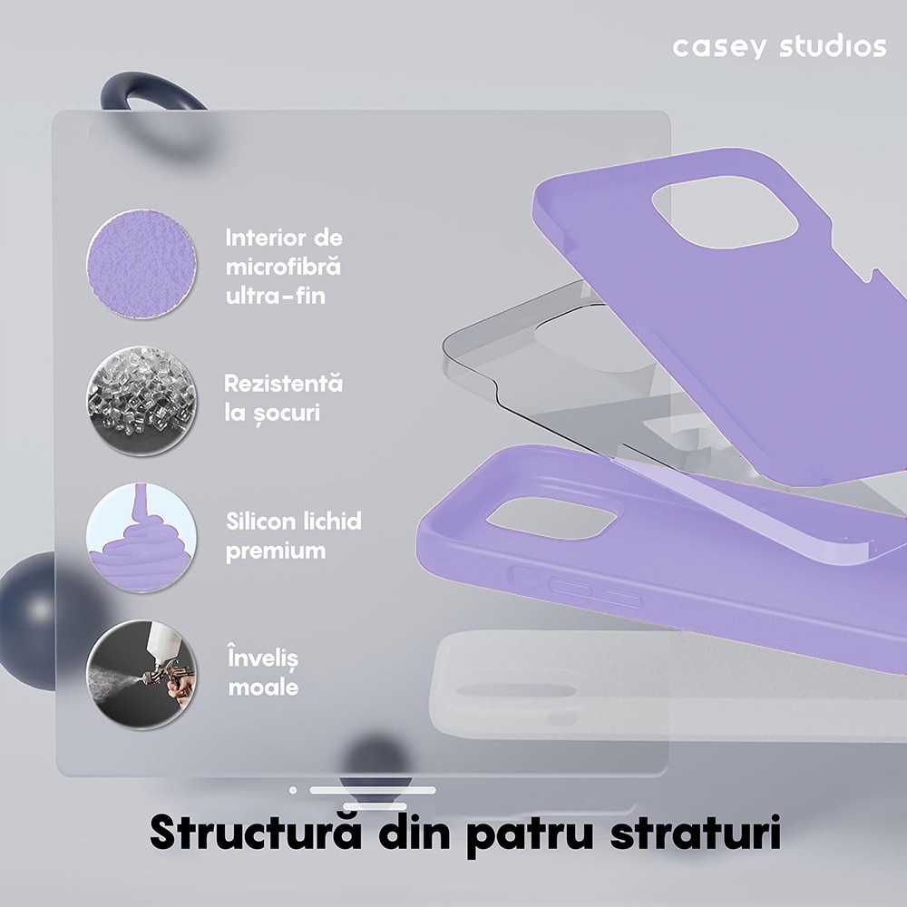 Husa CASEY STUDIOS™ pentru Apple iPhone 15 Pro Max, Soft Silicone Premium, Microfibra in Interior, Light Lilac, de Protectie, Ultra Slim, pentru Incarcare Wireless, Margini Ridicate pentru Protectia Ecranului si a Camerelor