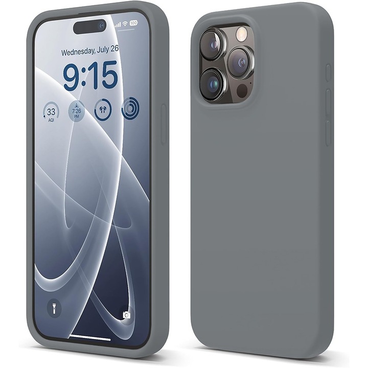 Калъф CASEY STUDIOS™ съвместим с Apple 15 Pro Max, първокласен мек силикон, вътрешност от микрофибър, защита, ултра тънък, за безжично зареждане, тъмно сив