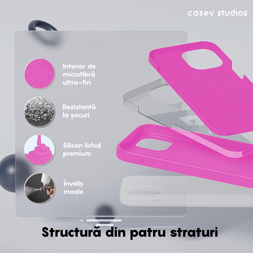 Husa CASEY STUDIOS™ pentru Apple iPhone 15 Pro Max, Soft Silicone Premium, Microfibra in Interior, Fuchsia, de Protectie, Ultra Slim, pentru Incarcare Wireless, Margini Ridicate pentru Protectia Ecranului si a Camerelor