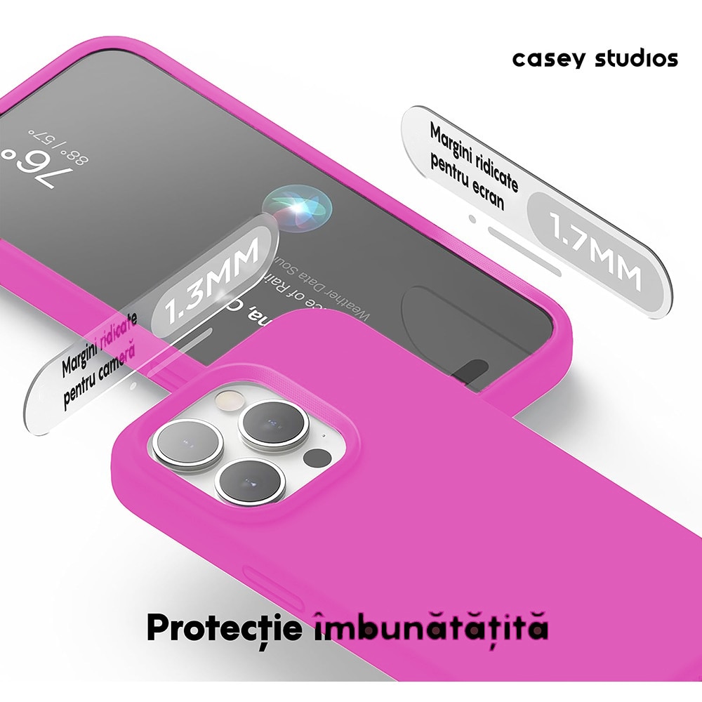 Husa CASEY STUDIOS™ pentru Apple iPhone 15 Pro Max, Soft Silicone Premium, Microfibra in Interior, Fuchsia, de Protectie, Ultra Slim, pentru Incarcare Wireless, Margini Ridicate pentru Protectia Ecranului si a Camerelor