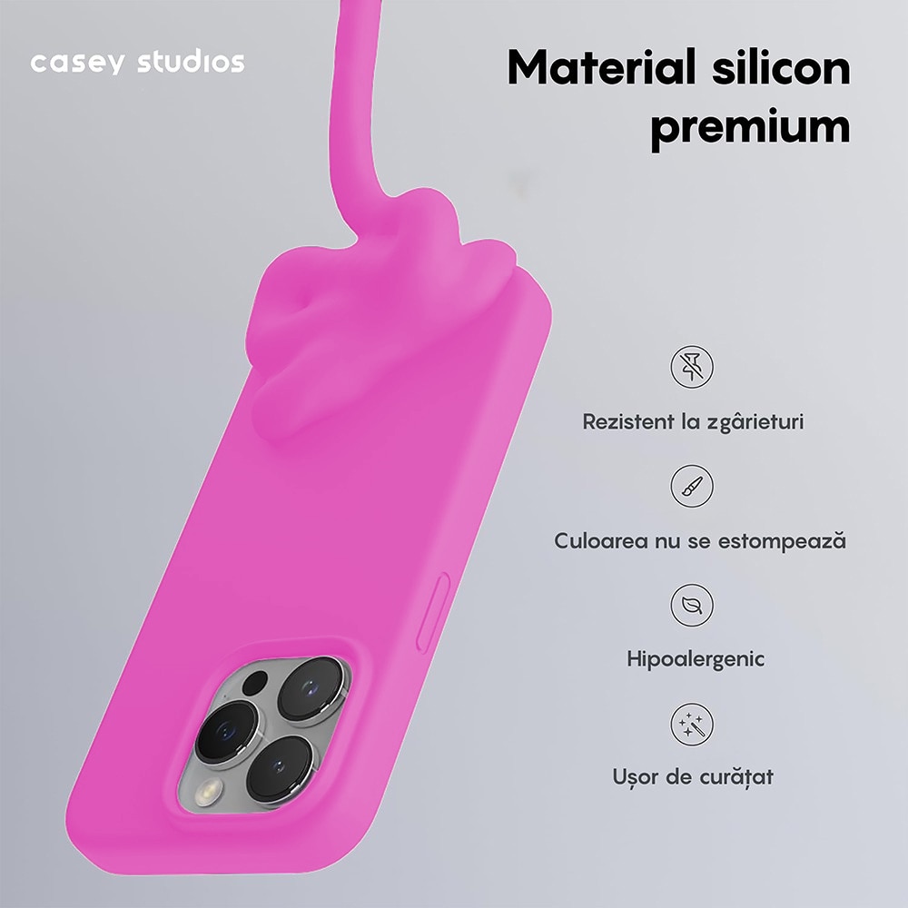 Husa CASEY STUDIOS™ pentru Apple iPhone 15 Pro Max, Soft Silicone Premium, Microfibra in Interior, Fuchsia, de Protectie, Ultra Slim, pentru Incarcare Wireless, Margini Ridicate pentru Protectia Ecranului si a Camerelor