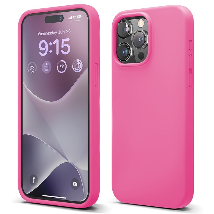 Husa CASEY STUDIOS™ compatibila cu iPhone 15 Pro Max, Soft Silicone Premium, Microfibra in Interior, Fuchsia, de Protectie, Ultra Slim, pentru Incarcare Wireless, Margini Ridicate de Protectia Ecranului si a Camerelor