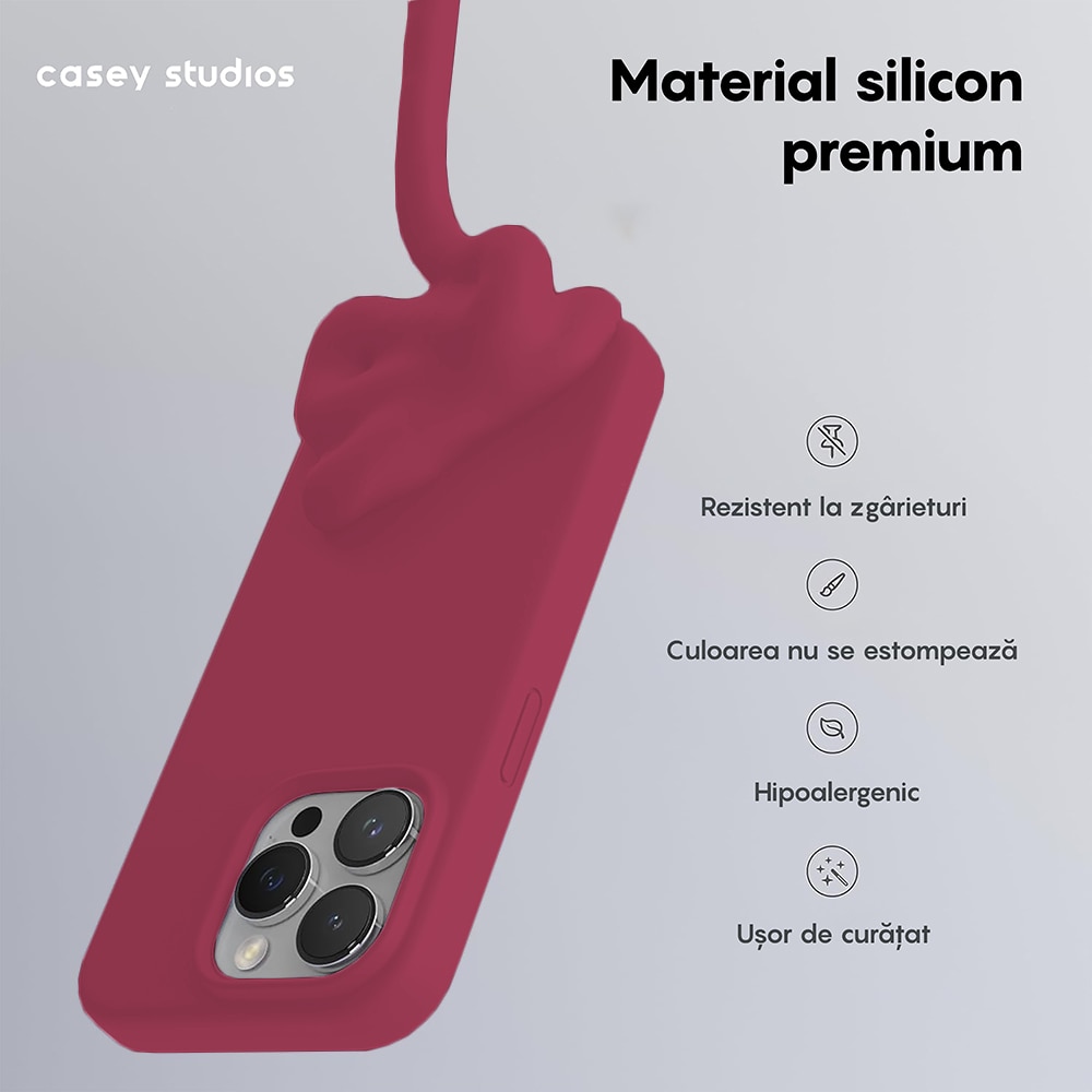 Husa CASEY STUDIOS™ pentru Apple iPhone 15 Pro Max, Soft Silicone Premium, Microfibra in Interior, Burgundy, de Protectie, Ultra Slim, pentru Incarcare Wireless, Margini Ridicate pentru Protectia Ecranului si a Camerelor