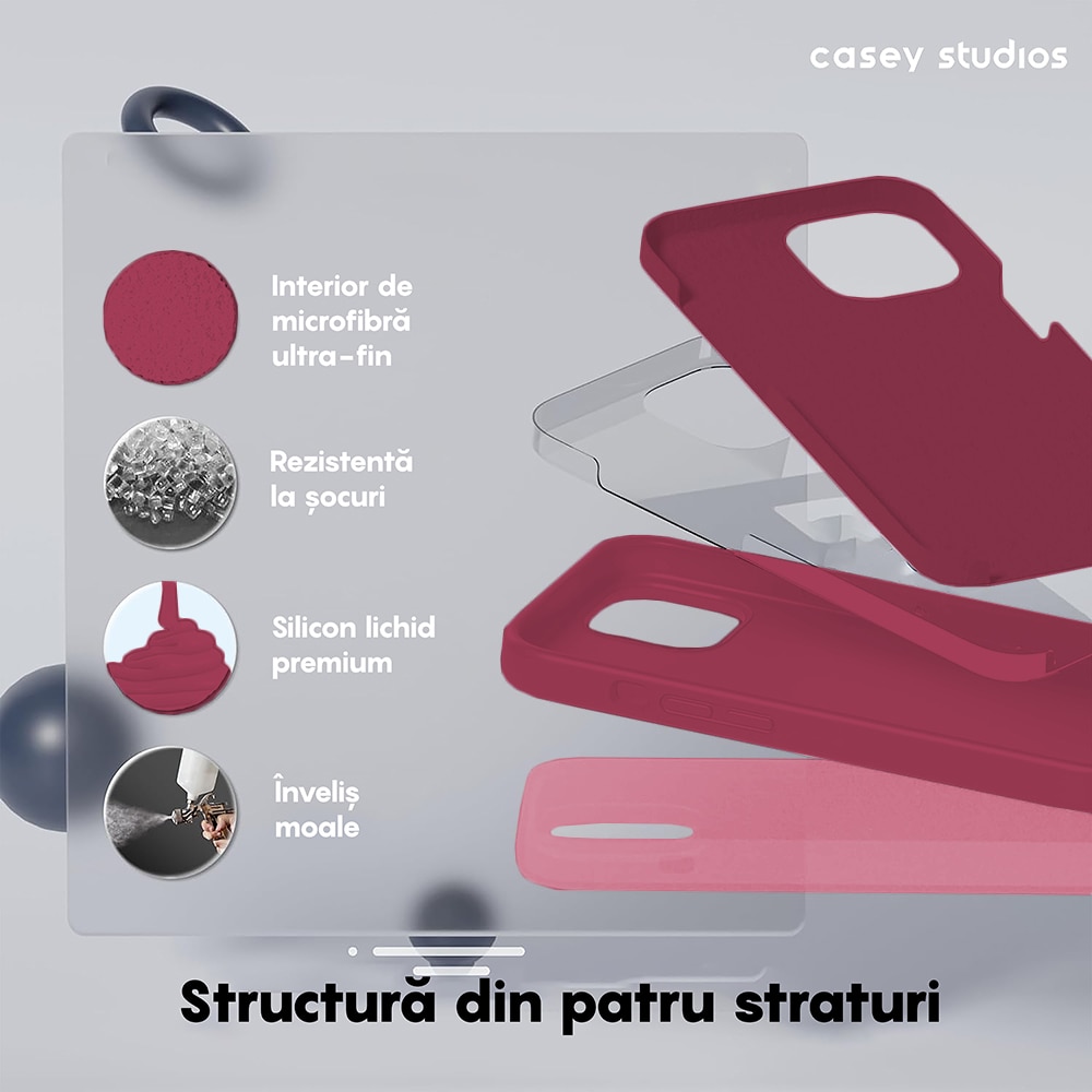 Husa CASEY STUDIOS™ pentru Apple iPhone 15 Pro Max, Soft Silicone Premium, Microfibra in Interior, Burgundy, de Protectie, Ultra Slim, pentru Incarcare Wireless, Margini Ridicate pentru Protectia Ecranului si a Camerelor