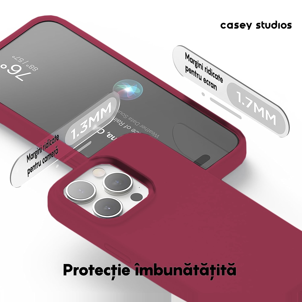 Husa CASEY STUDIOS™ pentru Apple iPhone 15 Pro Max, Soft Silicone Premium, Microfibra in Interior, Burgundy, de Protectie, Ultra Slim, pentru Incarcare Wireless, Margini Ridicate pentru Protectia Ecranului si a Camerelor