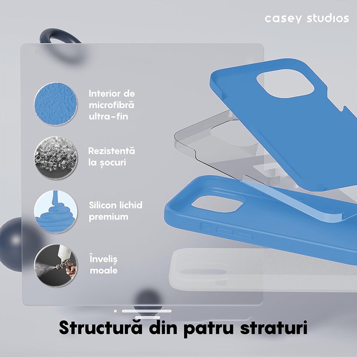 Husa CASEY STUDIOS™ pentru Apple iPhone 15 Pro Max, Soft Silicone Premium, Microfibra in Interior, Cadet Blue, de Protectie, Ultra Slim, pentru Incarcare Wireless, Margini Ridicate pentru Protectia Ecranului si a Camerelor