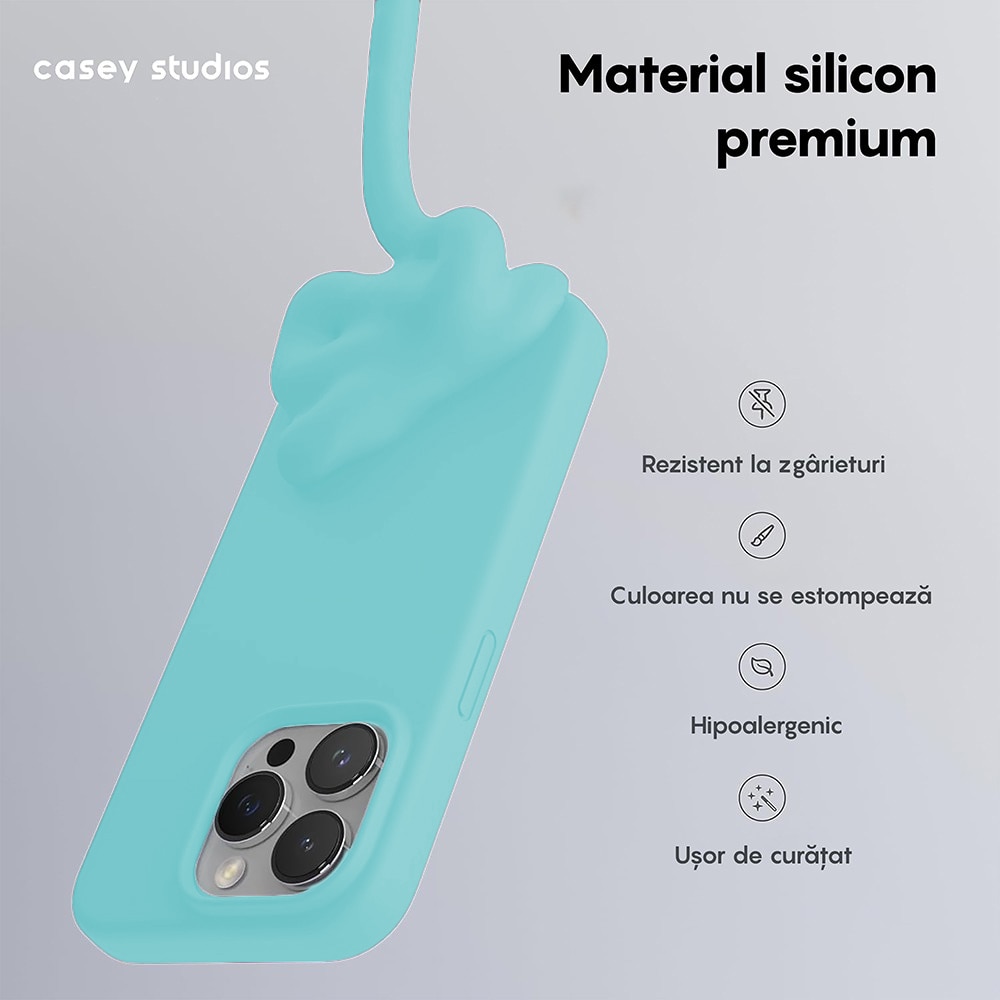 Husa CASEY STUDIOS™ pentru Apple iPhone 15 Pro Max, Soft Silicone Premium, Microfibra in Interior, Turcoaz, pentru Incarcare Wireless, Margini Ridicate pentru Protectia Ecranului si a Camerelor