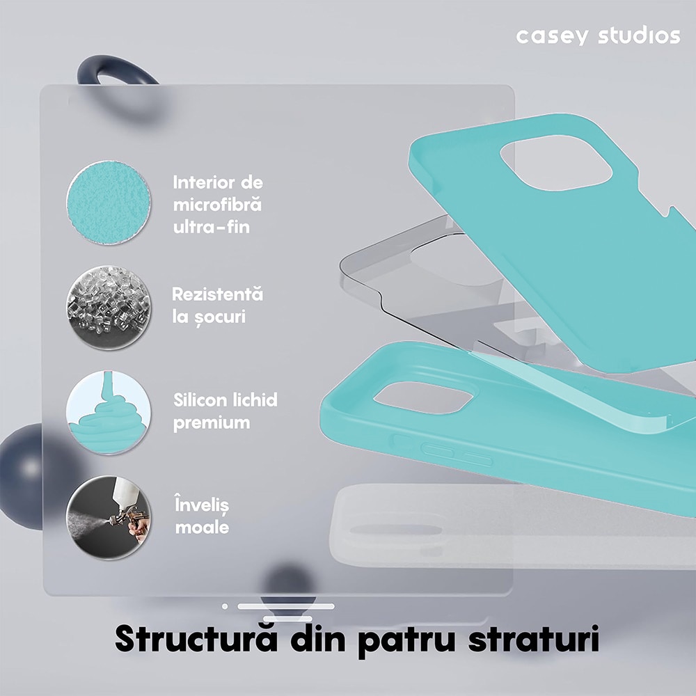Husa CASEY STUDIOS™ pentru Apple iPhone 15 Pro Max, Soft Silicone Premium, Microfibra in Interior, Turcoaz, pentru Incarcare Wireless, Margini Ridicate pentru Protectia Ecranului si a Camerelor