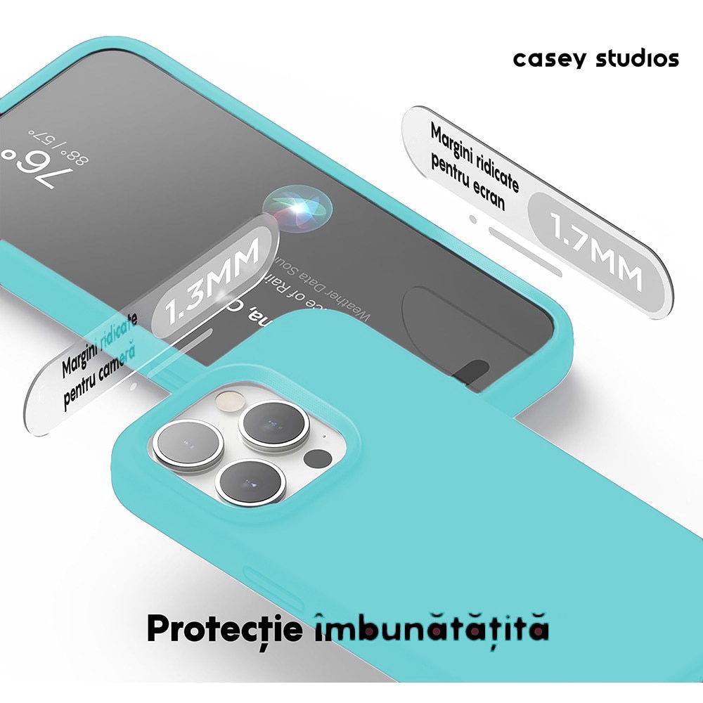 Husa CASEY STUDIOS™ pentru Apple iPhone 15 Pro Max, Soft Silicone Premium, Microfibra in Interior, Turcoaz, pentru Incarcare Wireless, Margini Ridicate pentru Protectia Ecranului si a Camerelor