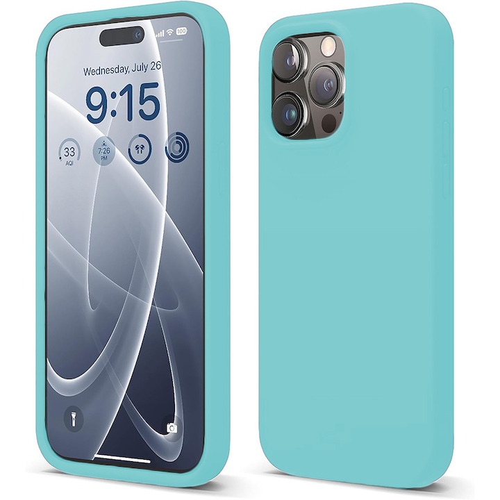 Калъф CASEY STUDIOS™ за Apple iPhone 15 Pro Max, мек силикон Premium, микрофибърна вътрешна част, тюркоазен, за безжично зареждане, повдигнати ръбове за защита на екрана и камерата