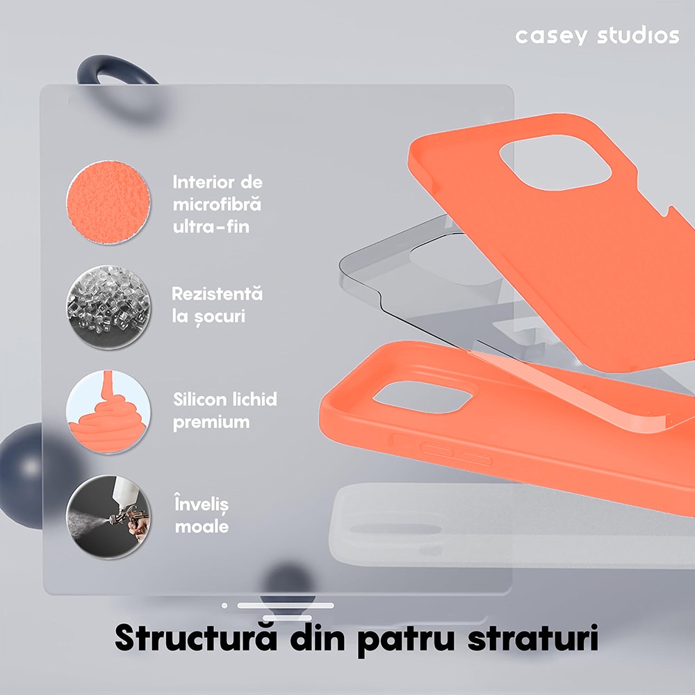Husa CASEY STUDIOS™ pentru Apple iPhone 15 Pro Max, Soft Silicone Premium, Microfibra in Interior, Nectarine, de Protectie, Ultra Slim, pentru Incarcare Wireless, Margini Ridicate pentru Protectia Ecranului si a Camerelor