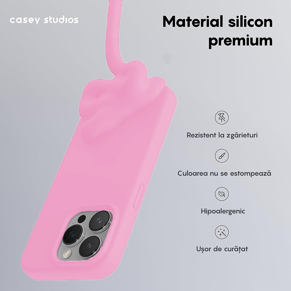 Husa CASEY STUDIOS™ pentru Apple iPhone 15 Pro, Soft Silicone Premium, Microfibra in Interior, Roz, de Protectie, Ultra Slim, pentru Incarcare Wireless, Margini Ridicate pentru Protectia Ecranului si a Camerelor
