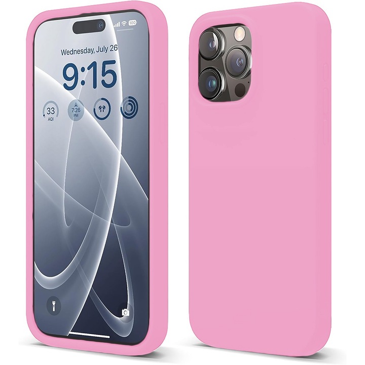 Husa CASEY STUDIOS™ pentru Apple iPhone 15 Pro, Soft Silicone Premium, Microfibra in Interior, Roz, de Protectie, Ultra Slim, pentru Incarcare Wireless, Margini Ridicate pentru Protectia Ecranului si a Camerelor