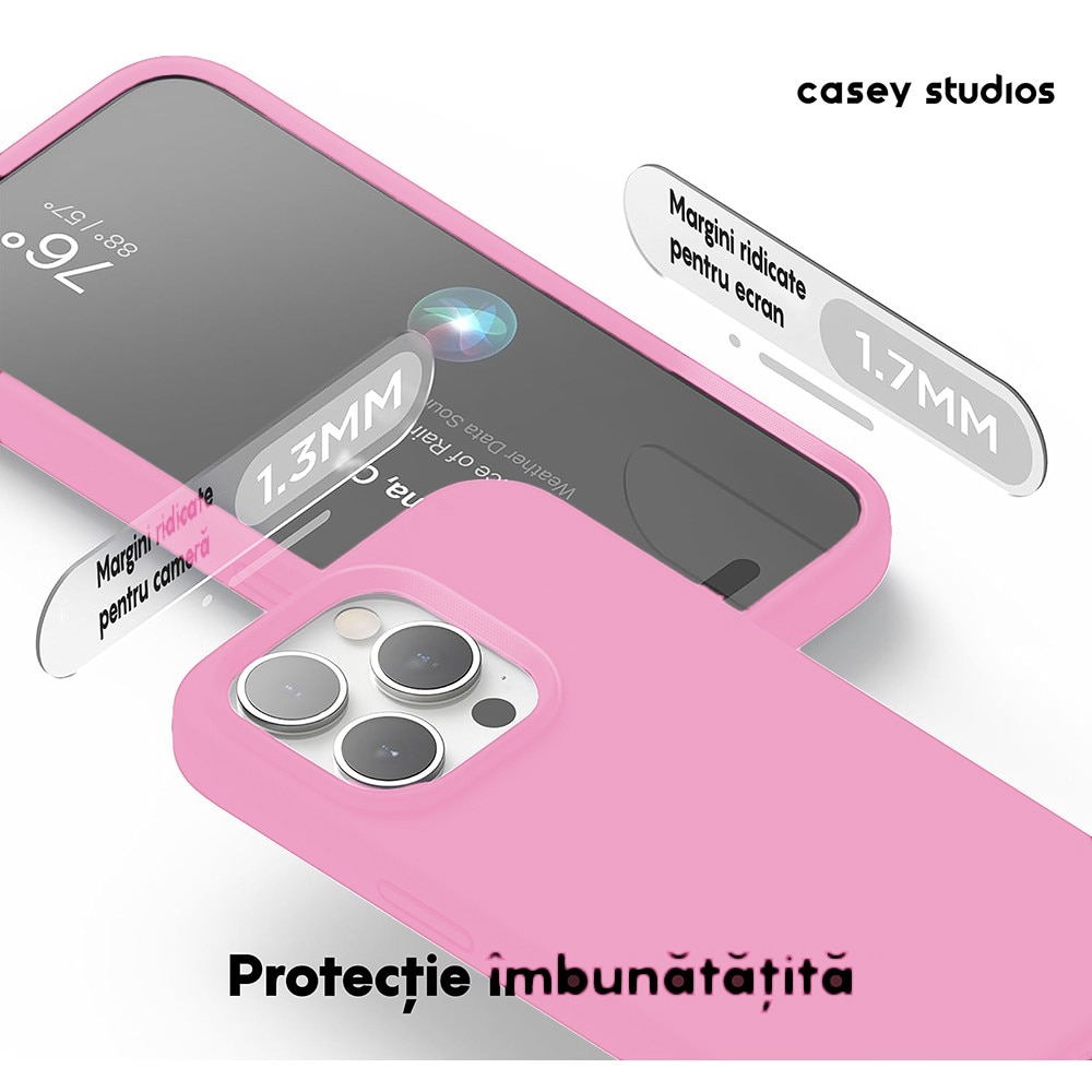 Husa CASEY STUDIOS™ pentru Apple iPhone 15 Pro, Soft Silicone Premium, Microfibra in Interior, Roz, de Protectie, Ultra Slim, pentru Incarcare Wireless, Margini Ridicate pentru Protectia Ecranului si a Camerelor