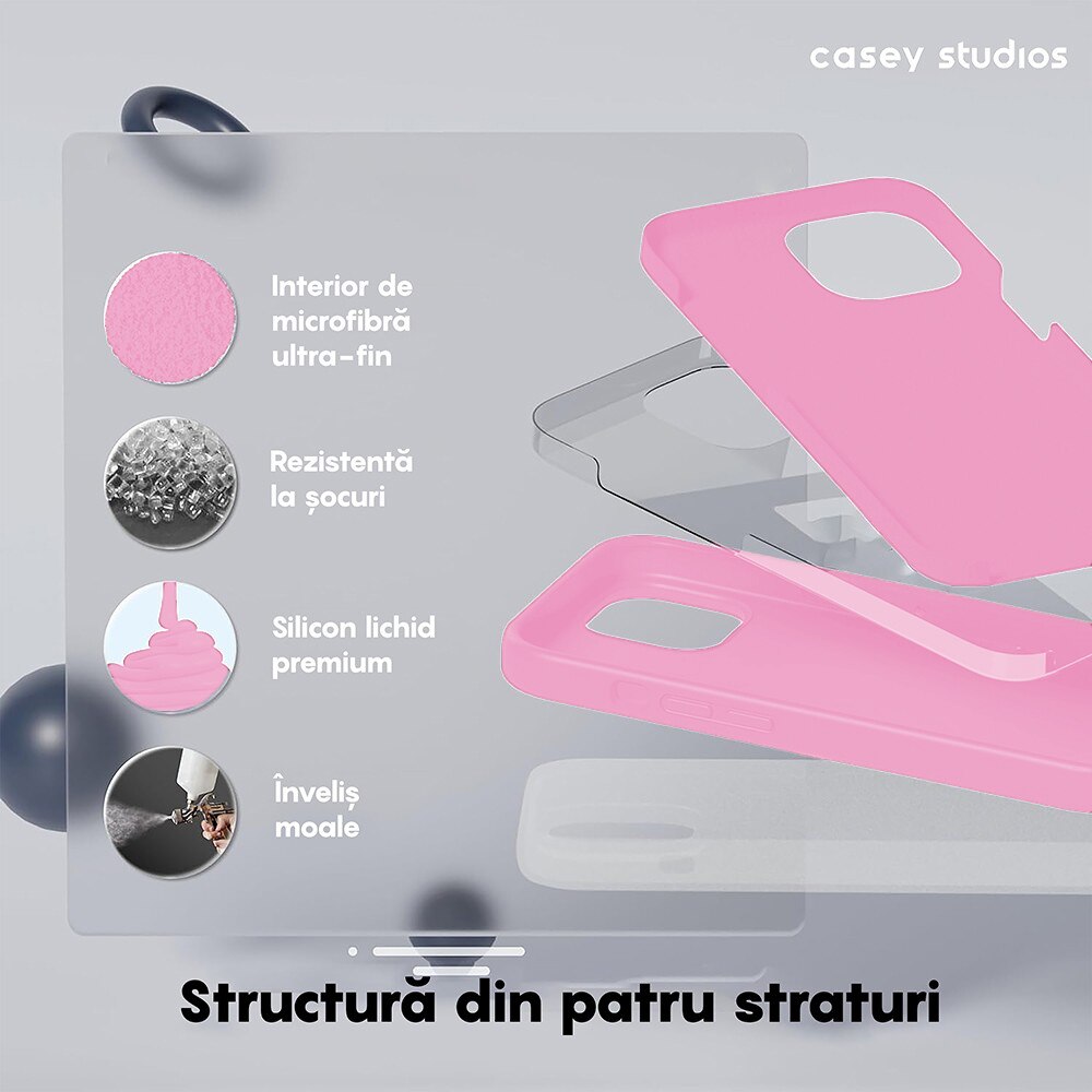 Husa CASEY STUDIOS™ pentru Apple iPhone 15 Pro, Soft Silicone Premium, Microfibra in Interior, Roz, de Protectie, Ultra Slim, pentru Incarcare Wireless, Margini Ridicate pentru Protectia Ecranului si a Camerelor