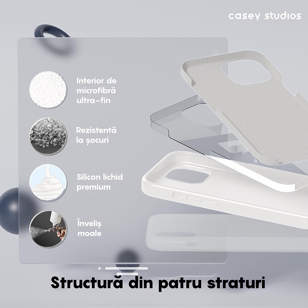 Husa CASEY STUDIOS™ pentru Apple iPhone 15 Pro Max, Soft Silicone Premium, Microfibra in Interior, Alb, de Protectie, Ultra Slim, pentru Incarcare Wireless, Margini Ridicate pentru Protectia Ecranului si a Camerelor