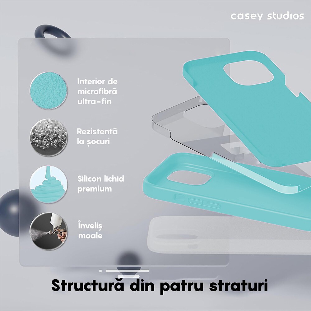 Husa CASEY STUDIOS™ pentru Apple iPhone 15, Soft Silicone Premium, Microfibra in Interior, Turcoaz, de Protectie, Ultra Slim, pentru Incarcare Wireless, Margini Ridicate pentru Protectia Ecranului si a Camerelor