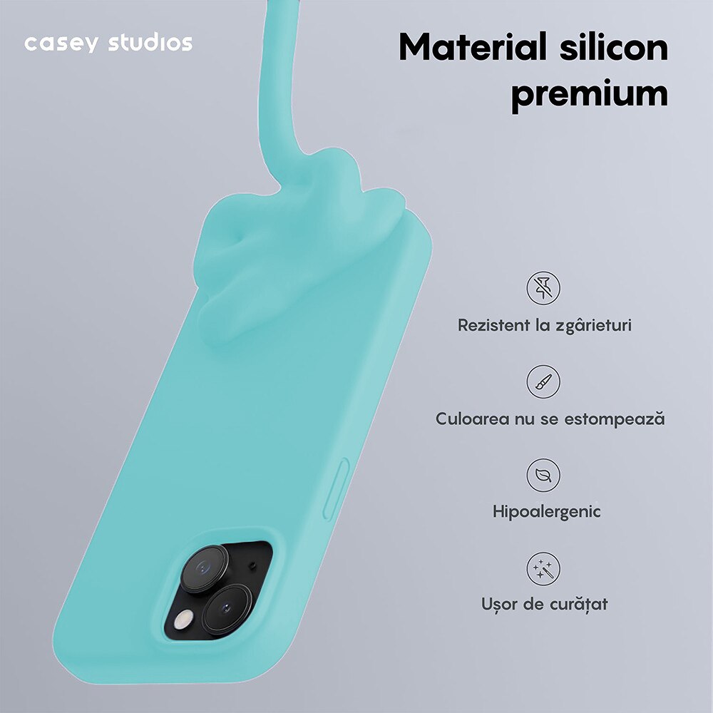Husa CASEY STUDIOS™ pentru Apple iPhone 15, Soft Silicone Premium, Microfibra in Interior, Turcoaz, de Protectie, Ultra Slim, pentru Incarcare Wireless, Margini Ridicate pentru Protectia Ecranului si a Camerelor