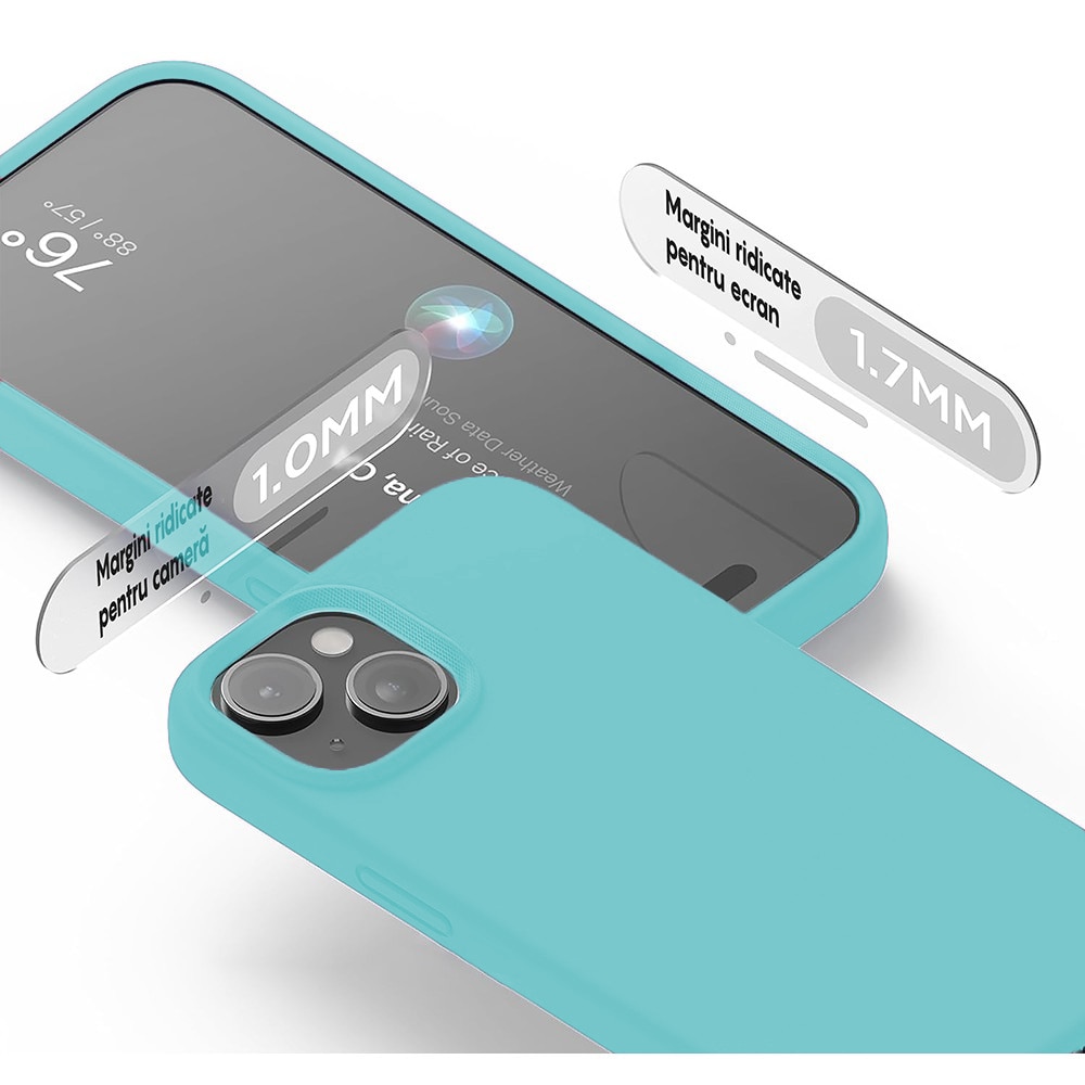 Husa CASEY STUDIOS™ pentru Apple iPhone 15, Soft Silicone Premium, Microfibra in Interior, Turcoaz, de Protectie, Ultra Slim, pentru Incarcare Wireless, Margini Ridicate pentru Protectia Ecranului si a Camerelor