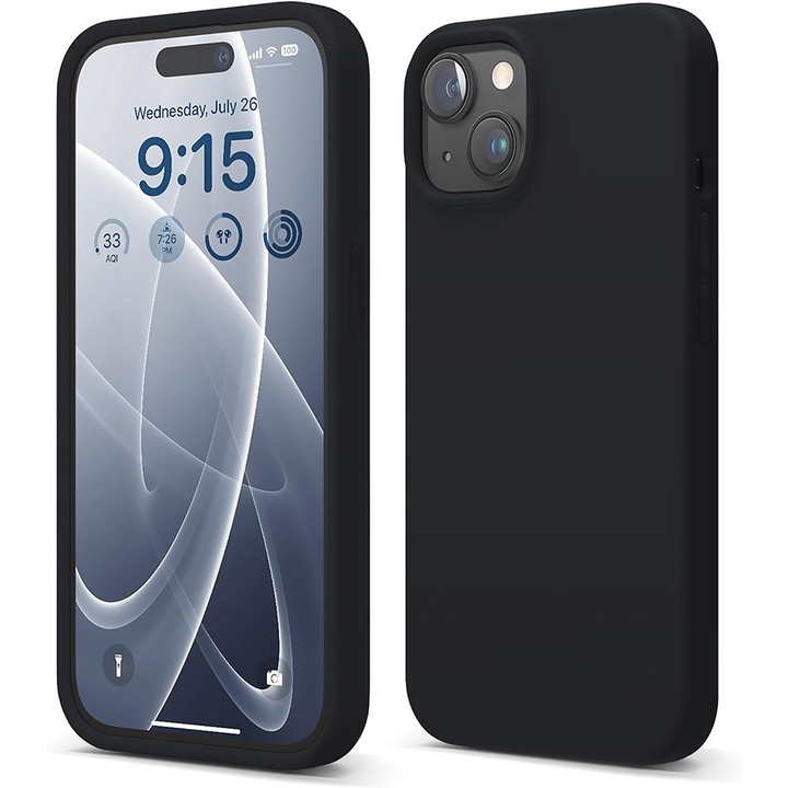 Husa CASEY STUDIOS™ pentru Apple iPhone 15, Soft Silicone Premium, Microfibra in Interior, Negru, de Protectie, Ultra Slim, pentru Incarcare Wireless, Margini Ridicate pentru Protectia Ecranului si a Camerelor