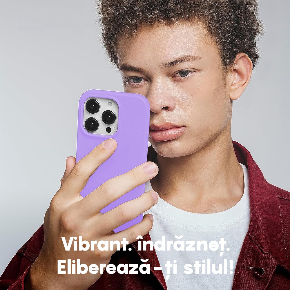 Husa CASEY STUDIOS™ compatibila cu iPhone 15 Pro, Soft Silicone Premium, Microfibra in Interior, Light Lilac, de Protectie, Ultra Slim, pentru Incarcare Wireless, Margini Ridicate de Protectia Ecranului si a Camerelor