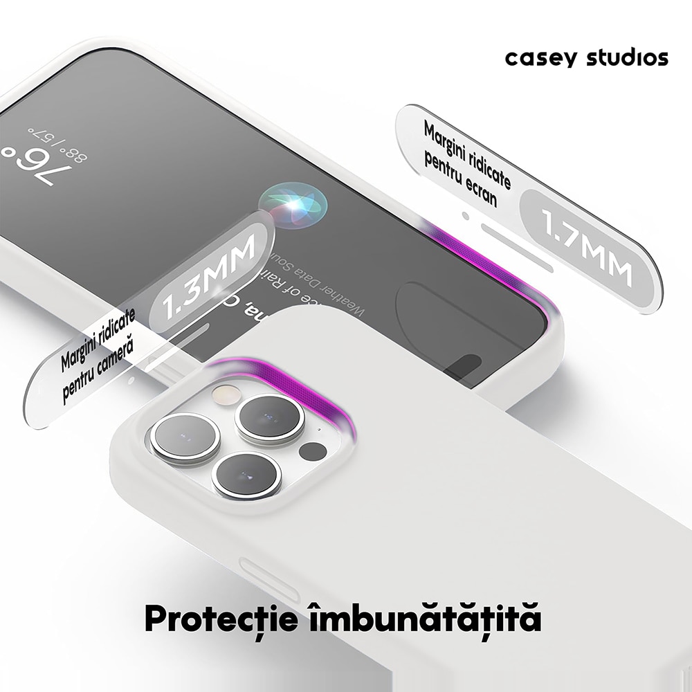 Husa CASEY STUDIOS™ pentru Apple iPhone 15 Pro Max, Soft Silicone Premium, Microfibra in Interior, Alb, de Protectie, Ultra Slim, pentru Incarcare Wireless, Margini Ridicate pentru Protectia Ecranului si a Camerelor