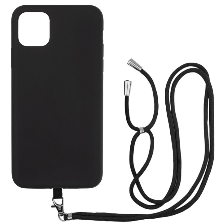 Калъф, съвместим с Apple iPhone 11 Pro, Sport Body Lanyard Case, Свалящ се кабел, Регулируема дължина, 80 см, Противоплъзгащ силикон, Микрофибърна вътрешност, Черен